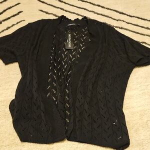 Notations Black Open-Front Short-Sleeve Openwork Cardigan